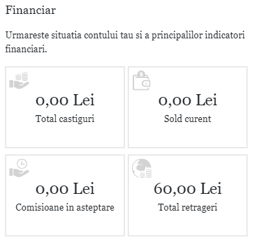 După ce prietenii tăi plasează o comandă de pe link-ul tău, îți va apărea în căsuța Comisioane în așteptare suma aferentă comisionului câștigat